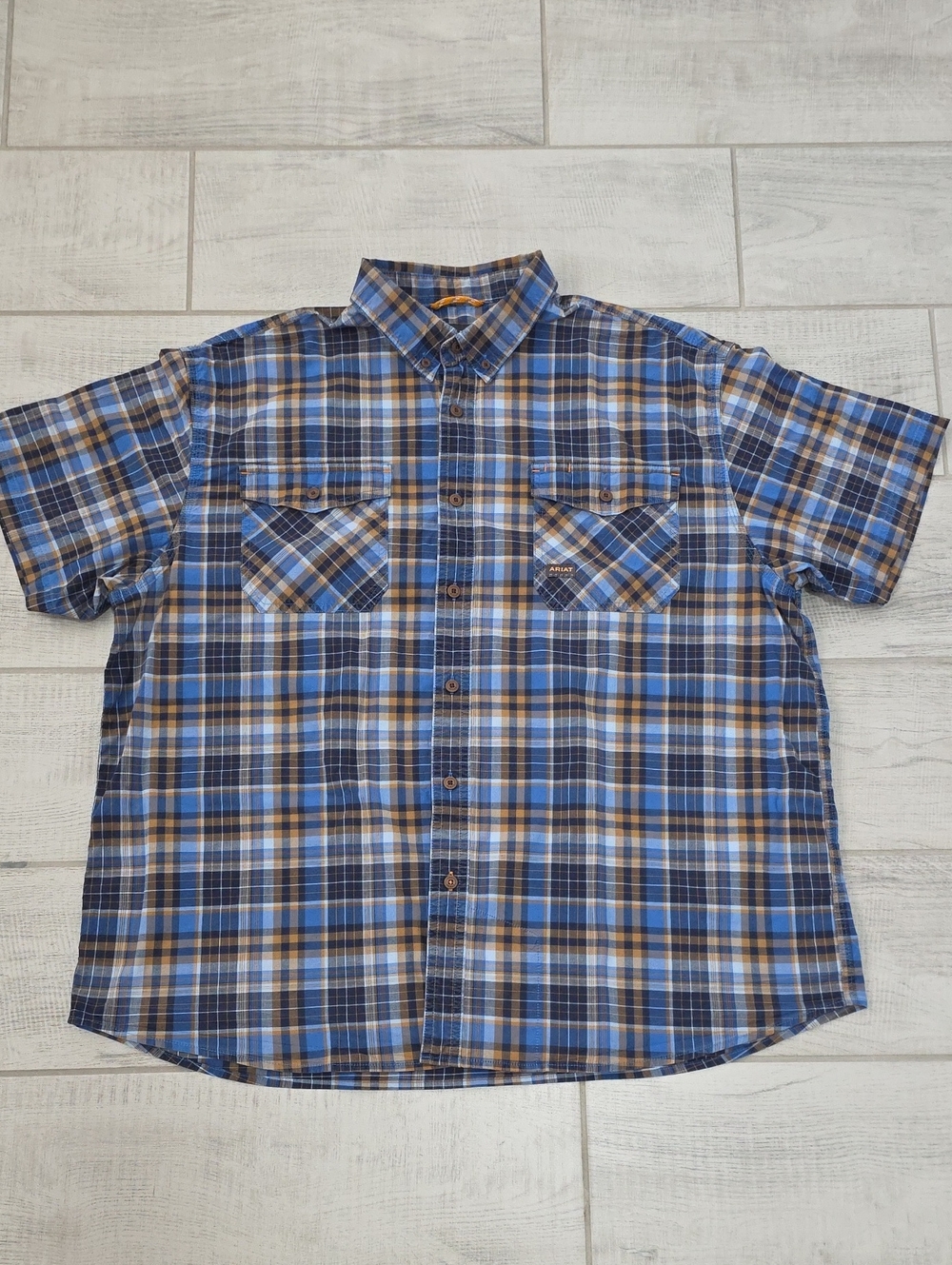 Ariat Rebar Blue/Brown Plaid Men's Size XXL Short Sleeve Button Up Shirt